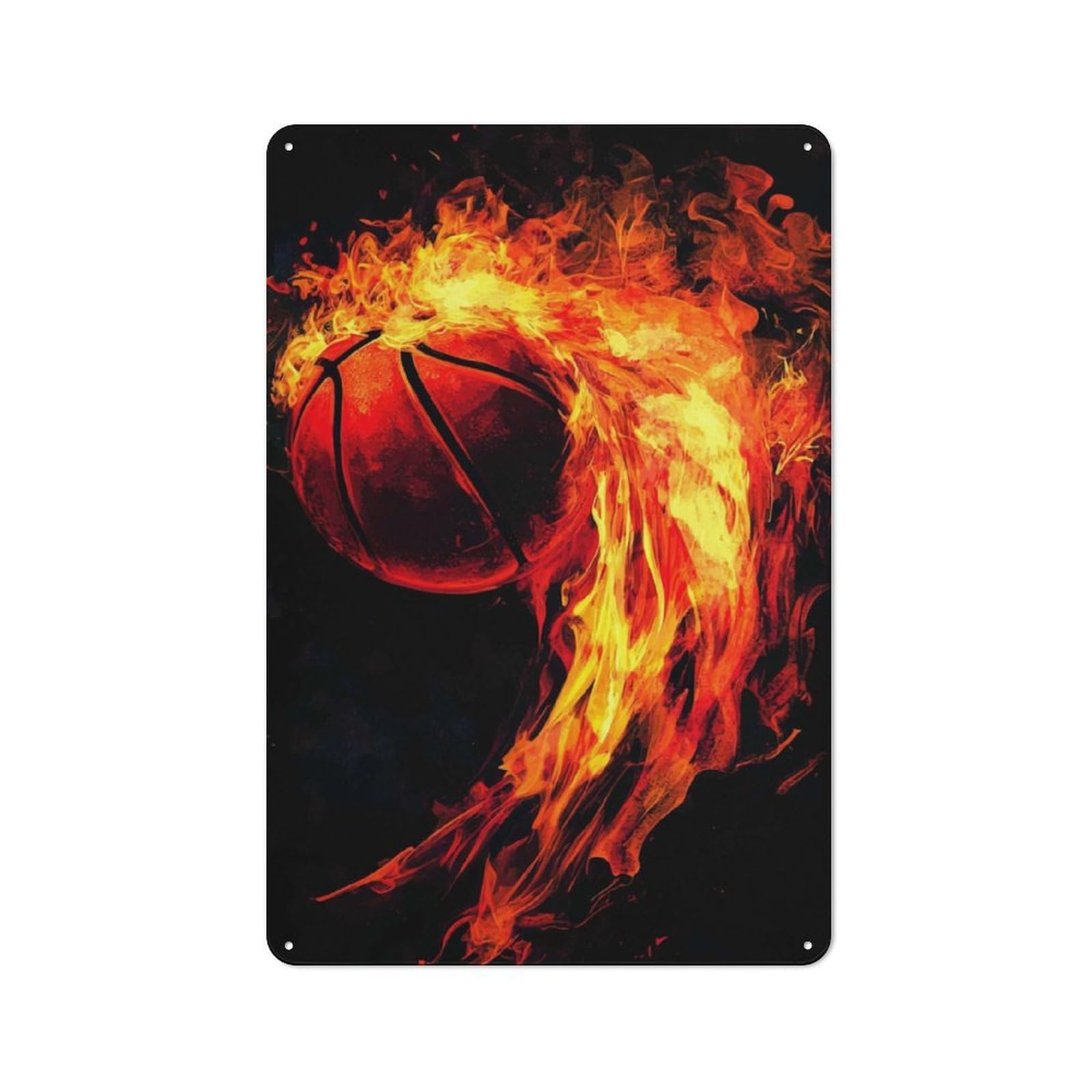 Junmoney Flaming Basketball Tin Sign With Design 30X20cm, Weathered Look Industrial Wall Art For Workshop, Basement, Shed Or Games Room