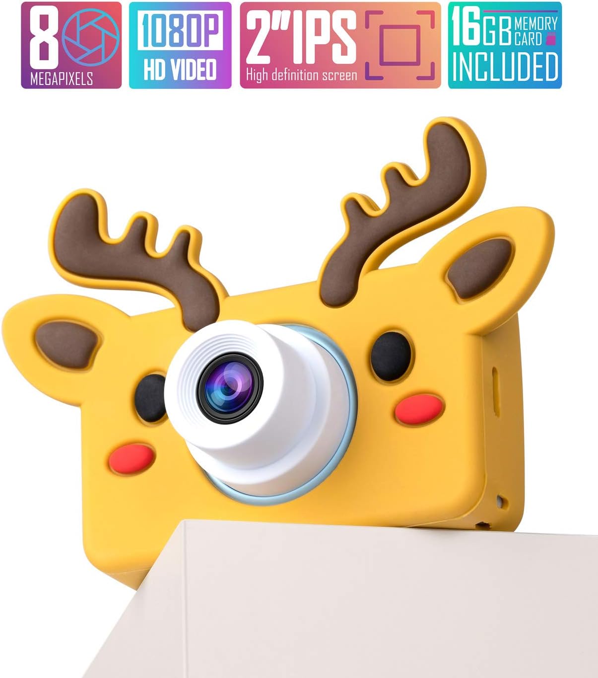 lilexo Kids Digital Camera, Gifts for Boys and Girls Age 3-8 Year Old, 8MP HD Children Shockproof Mini Video Camcorder, Toy Camera & Animal Silicone Cover, 16GB Memory Card Included (Brown Reindeer)