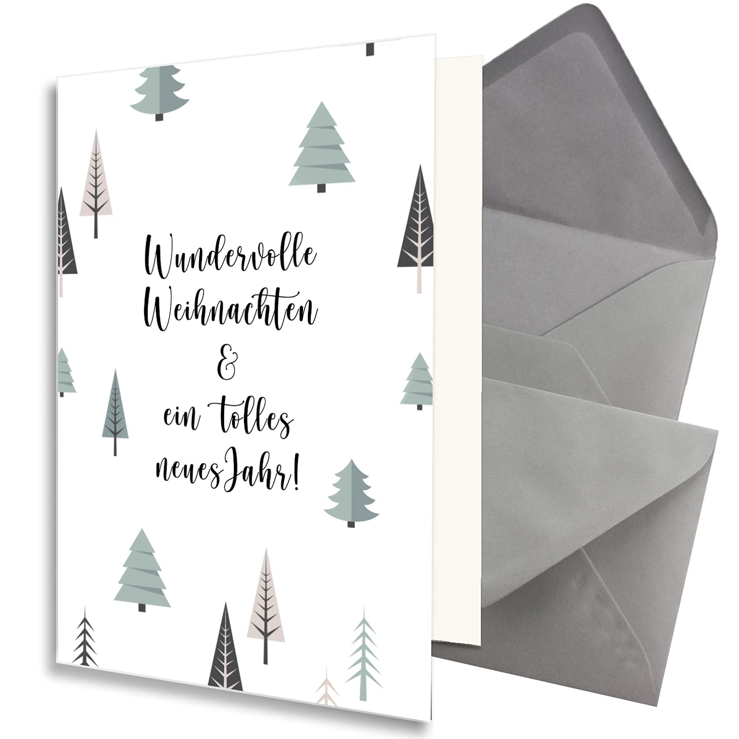 Juego de 75 tarjetas de Navidad sostenibles DIN A6 en color blanco con árboles de Navidad y texto – Tarjetas plegables con sobres DIN C6 gris oscuro (gris) con adhesivo húmedo – saludos de Navidad