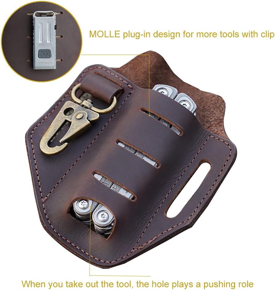 VIPERADE PJ9 Plus EDC Leather Sheath Belt Loop Pouch Organizer Holster Tool Holder One Pocket EDC Tool Sheath with MOLLE System Keychain for Knife/Flashlight/Tactical Pen/Tools EDC Gear (Brown) - Image 5