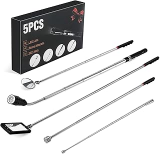 Housolution Kit de ferramentas de recolha telescópica magnética, 5 peças com cabo retro, 1 & 15 kg Magnetic Pickup Rod, 360 ° ajustável redondo e quadrado espelho de inspeção, lanterna LED flexível