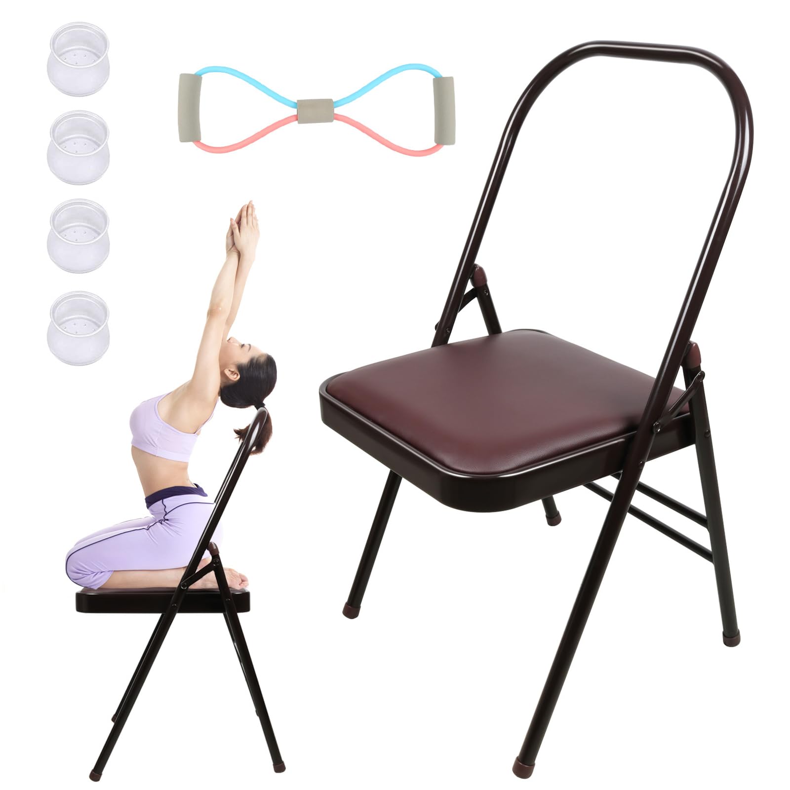 Yoga Chair Set Yoga Auxiliary Chair Flexibility Strength Training Tool, Foldable Yoga Chair for Balance Training, with Figure S Resistance Belt, Chair Leg Cap, Brown