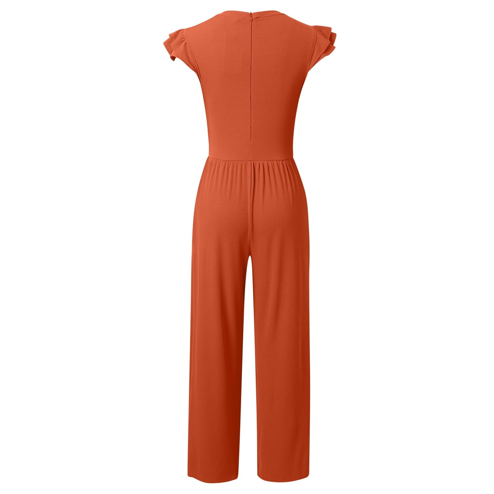 Combinaison Pantalon Femme Chic - s d'été couleur unie décontractées volants manches courtes col ras du cou tricot côtelé