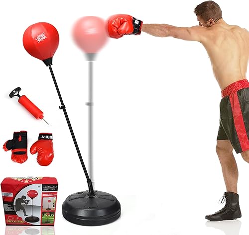 GYMAX Saco de boxeo para adultos y adolescentes, juego de equipo de boxeo con soporte ajustable en altura, guantes y bomba, bolsa de boxeo