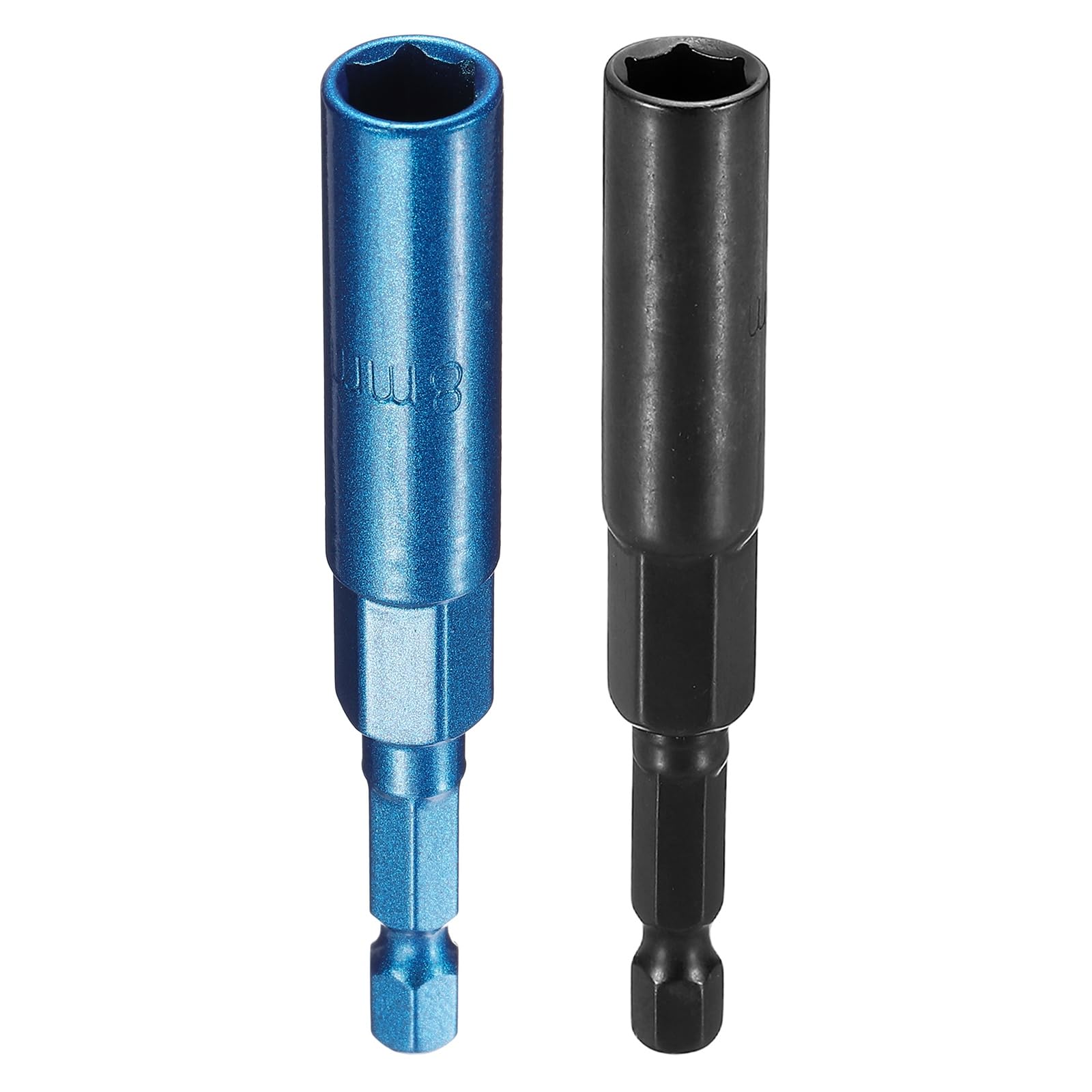 sourcing map 2pcs Nut Driver Drill Bit 8mm Metric Socket 1/4" Hex Shank 3.15" (80mm) Extra Long 6-Point Sockets Quick Change Cr-V Steel Bolt Setters for Power Drill Drivers, Black/Blue