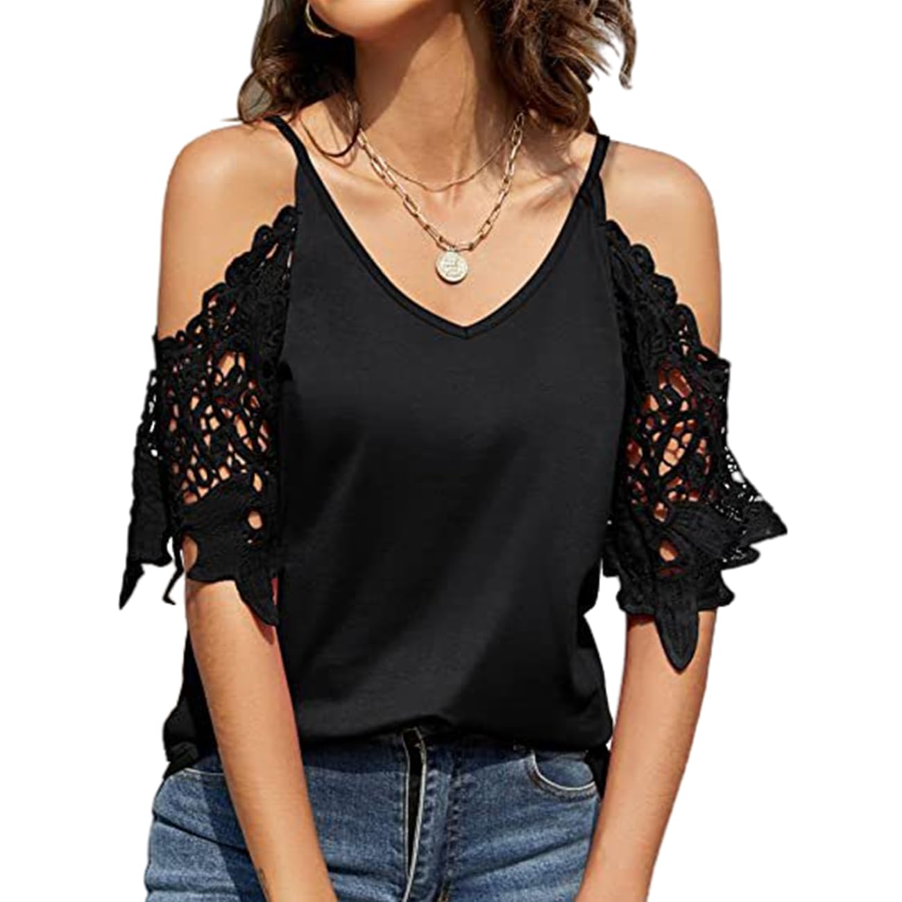 Magliette da donna con spalle scoperte Magliette con scollo a V Camicette a maniche corte in pizzo tagliate Camicette eleganti T-Shirt sexy in pizzo all'uncinetto con spalle scoperte maniche corte