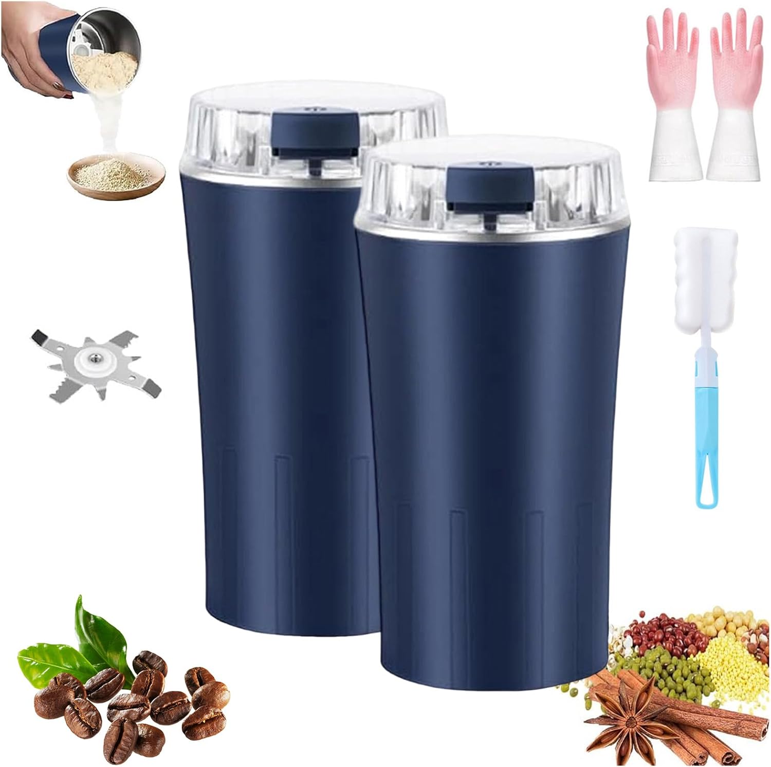 Household Superfine Grinder - Multi-Grain Blending & Powdering Machine, One-Touch Start, 30S Rapid Grinding, Electric Cereal Coffee Grinder with 8-Blade Steel Cutter (2*Blue)