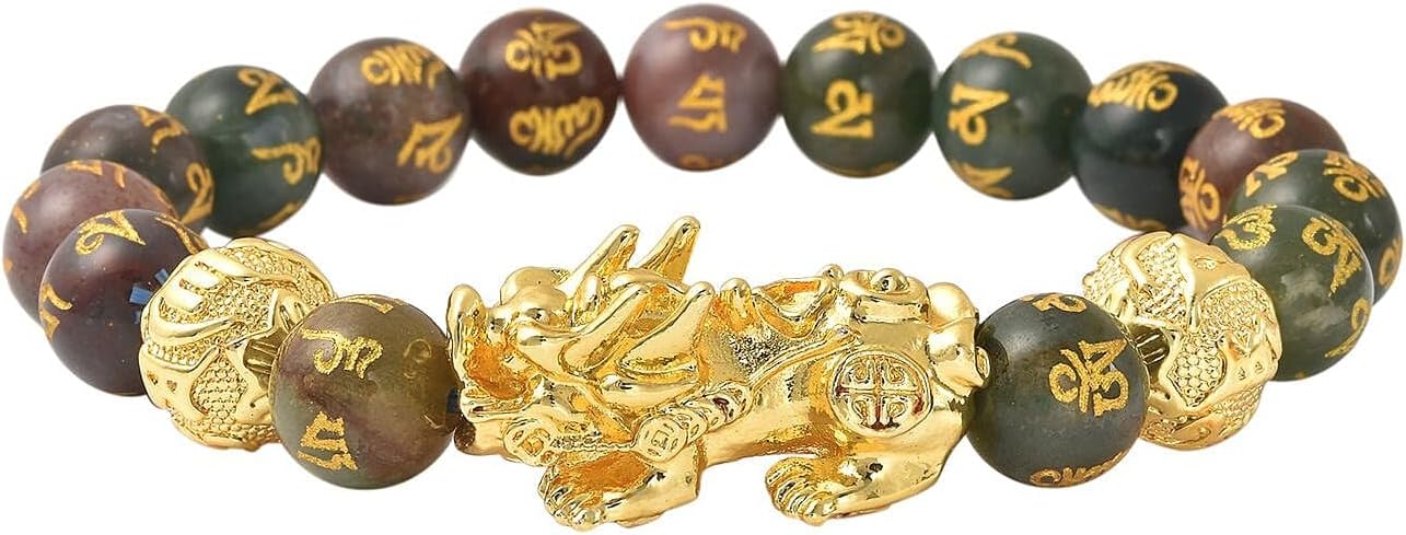 SHOP LC DELIVERING JOY Feng Shui Wealth Bracelet for Men Women, Beads Stretchable Good Luck Bracelet Gold Plated Dragon Lucky 6.50" Birthday Christmas Gifts for Women