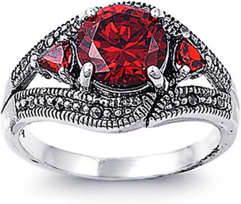DoubleAccent Sterling Silver Rhodium Plated, Wedding Ring Round Dark Red CZ with Marcasite Stone Engagement Ring