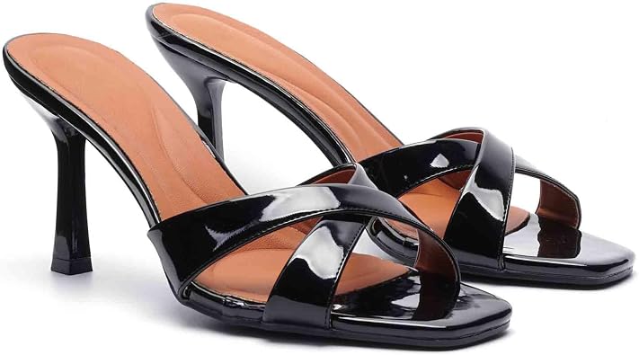 Women Patent Leather Strappy High heels Sandals Square Open-Toe Slip-On Heeled Mules Sandals For Prom, Parties, Weddings, And Vacations Daily