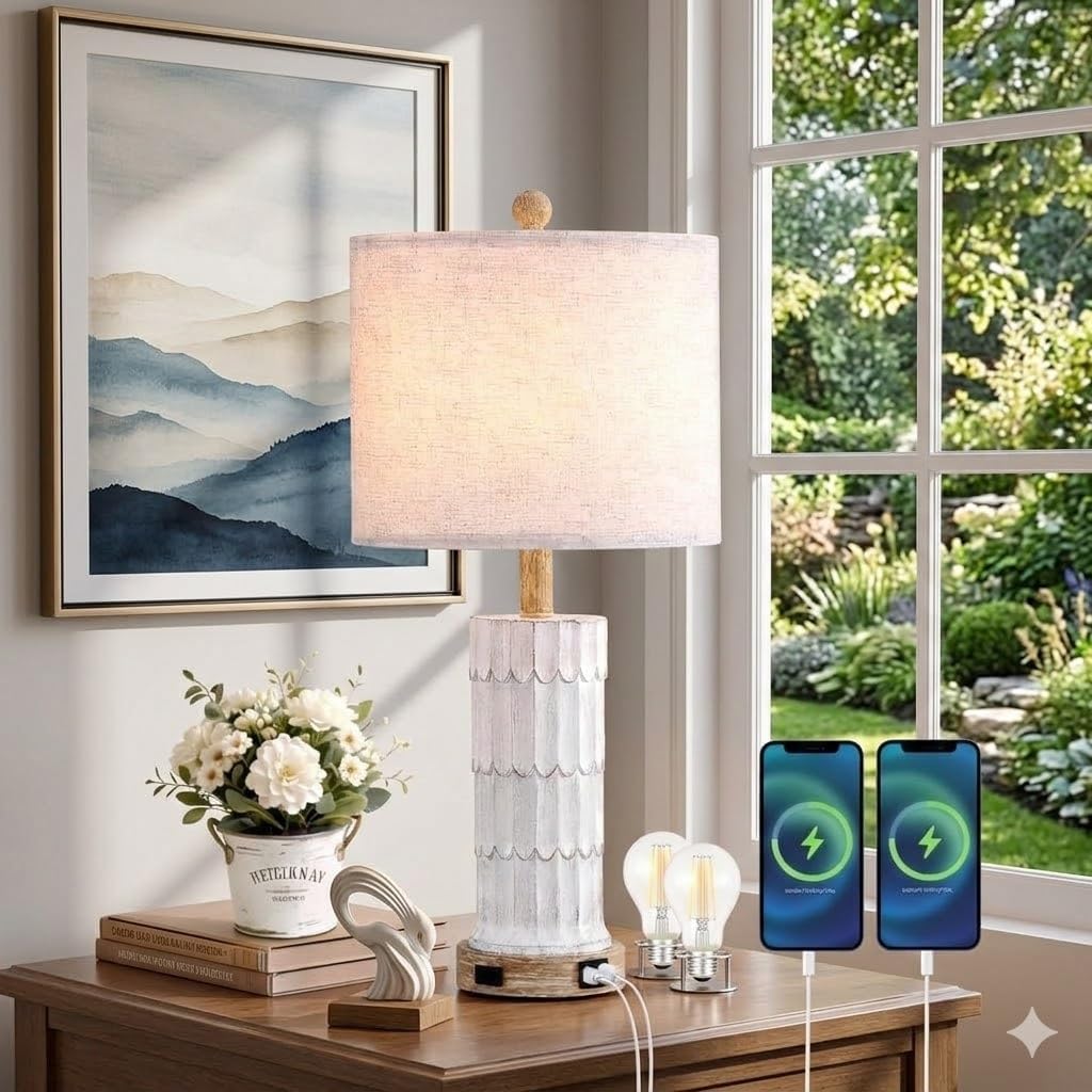 25" Grey Farmhouse Lamps for Living Room Single, 3 Way Touch Control Rustic Bedside Table Lamp with USB A+C Ports & AC Outlet, Bedroom Gray End Table Night Stand Vintage Lamps