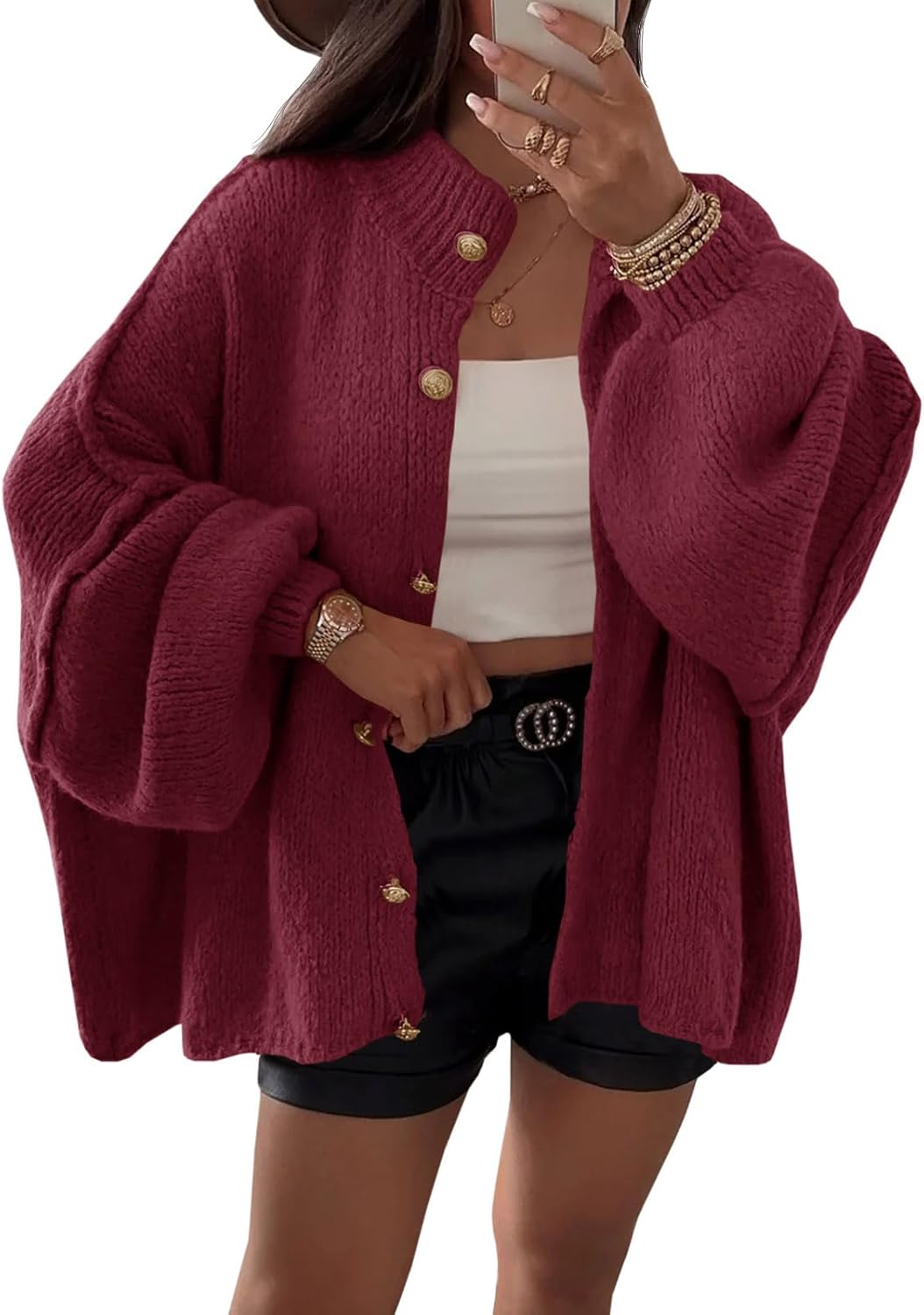 Saodimallsu Womens Oversized Cardigans Long Lantern Sleeve Button Down Chunky Knit Loose Fall Sweater Coats