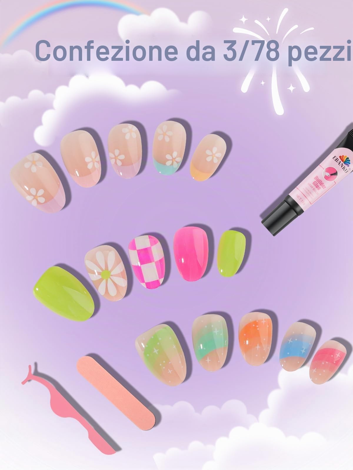 78 Pezzi Unghie a pressione per bambini, EBANKU 3 Pack Kit Unghie Finte per Bambini Vecchi Fiori Colorati a pressione per Ragazze 8-12 Anni con Adesivi Gelatina per Unghie e Colla Costruttrice Unghie