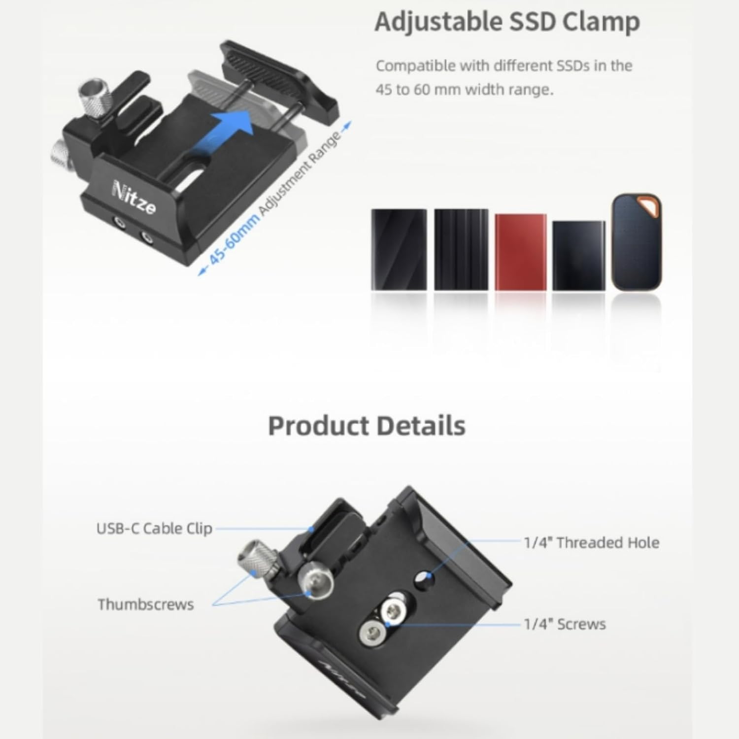 Universal SSD Mount Nitze SSD Holder for Sam-Sung T5 / T7 / T7 Shield / T9 and SanDisk, with USB-C Cable Clamp, Compatible with 45 to 60mm Wide SSDs