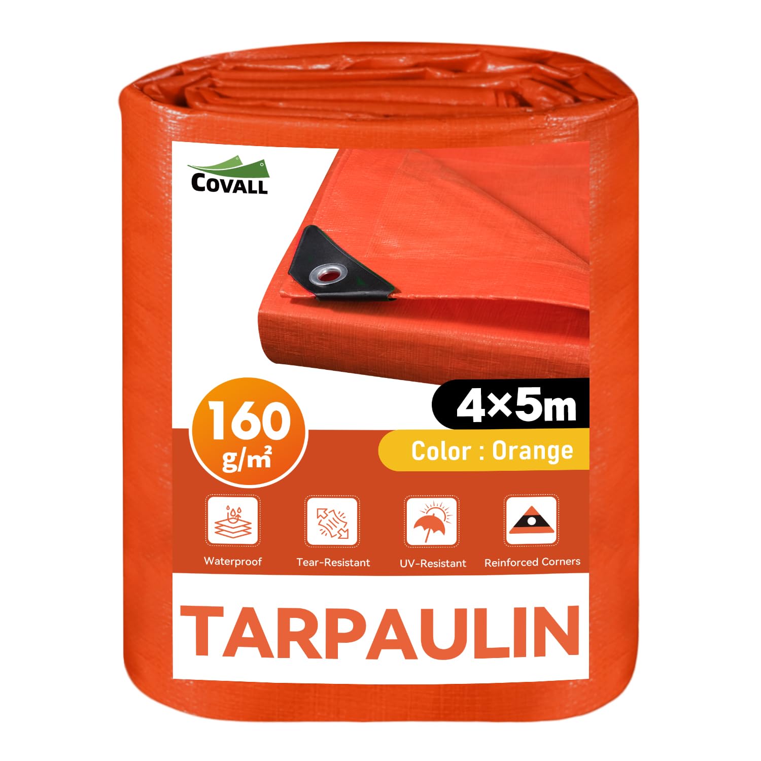 COVALL Orange Tarpaulin 4m x 5m, Waterproof Heavy Duty Tarp 160GSM, UV Protection, Reinforced Eyelets, Tear Resistant, Ground Sheets, Multipurpose Outdoor Garden Trailer Cover