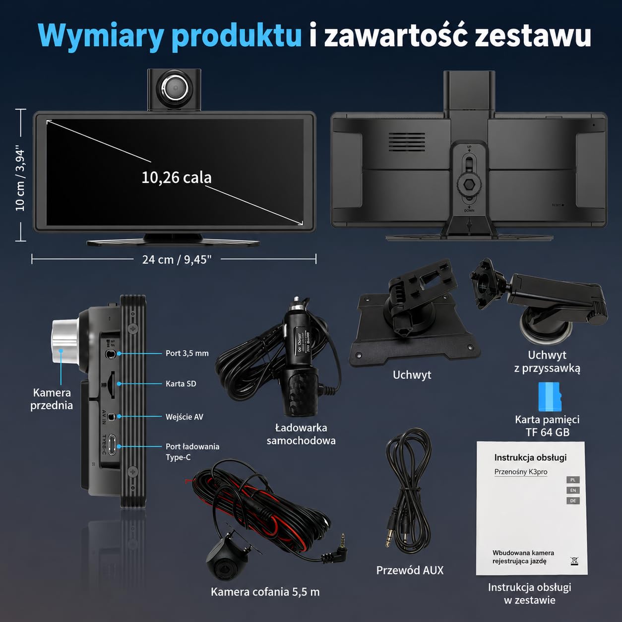 10,26" Przenośny Ekran Samochodowy z Bezprzewodową Obsługą CarPlay i Android Auto, Ekran Dotykowy do Samochodu z Kamerą do 4K i Kamerą Cofania 1080P, Bluetooth/FM/AUX, Mirror Link