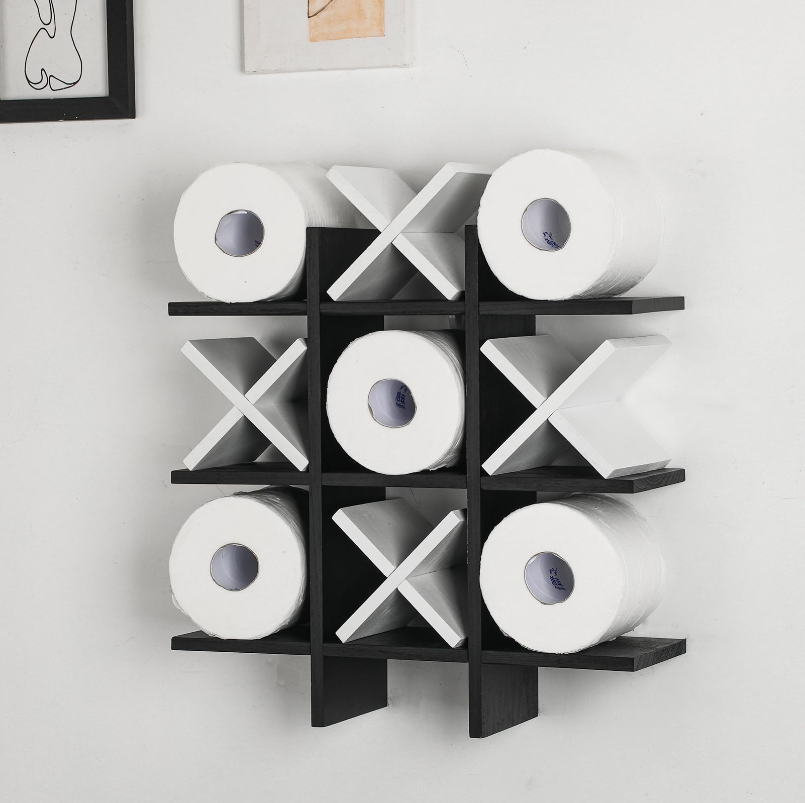 Weysat Tic Tac Toe Toilet Paper Holder Stand Bathroom Wall Decor Rustic Wooden Hanging Storage Freestanding Wall Mounted Shelves Decor for Toilet Tissue Farmhouse โ image 1