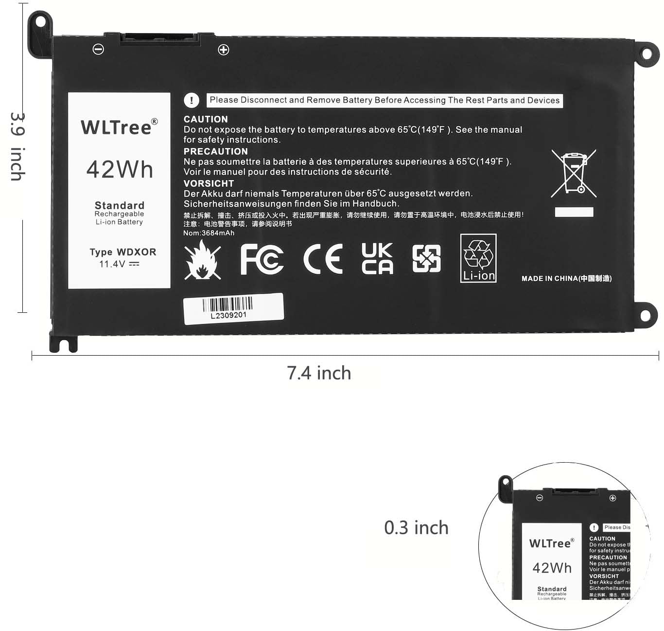 Batteria WDX0R per Portatile Dell Inspiron 13 5368 5378 5379 7368 7378 14 7460 15 5565 5567 5568 5578 7560 7570 7579 7569 17 5765 5767 5770 Latitude 3180 3189 3190 3480 3580 3379 3390 Battery