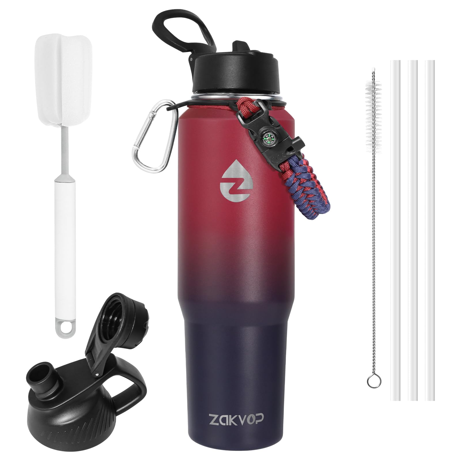 40oz Insulated Tumbler, Insulated Water Bottle with Straws and Two Lids, Stainless Steel Tumbler with Paracord Handle, Travel Water Bottle for Sports, Cup Holder Friendly Metal Water Bottle
