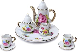 Dollhouse Tea Cup Sets 1:6 Scale Miniature Porcelain Dollhouse Accessories 8PCS Flower Pattern Teapot Platter Dish Sets Dollhouse Kitchen Supplies Decoration (Pink)