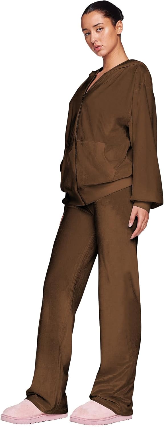 Womens 2 Piece Solid Velour Tracksuits Two Piece Velvet Lounge Outfits for Women, Long Sleeve Hoodie Tops Sweatsuits Casual Zip-Up Jacket Workout Pants Matching Set with Pockets, Sports Jogging Sets - Image 6