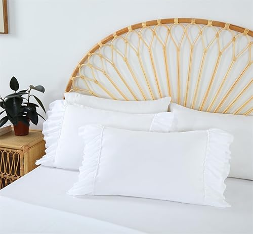 Miniatura 6 de Holawakaka Juego de edredón con volantes blancos tamaño Queen, juego de ropa de cama ligero con volantes de granja, vintage, ultra suave, esponjoso,