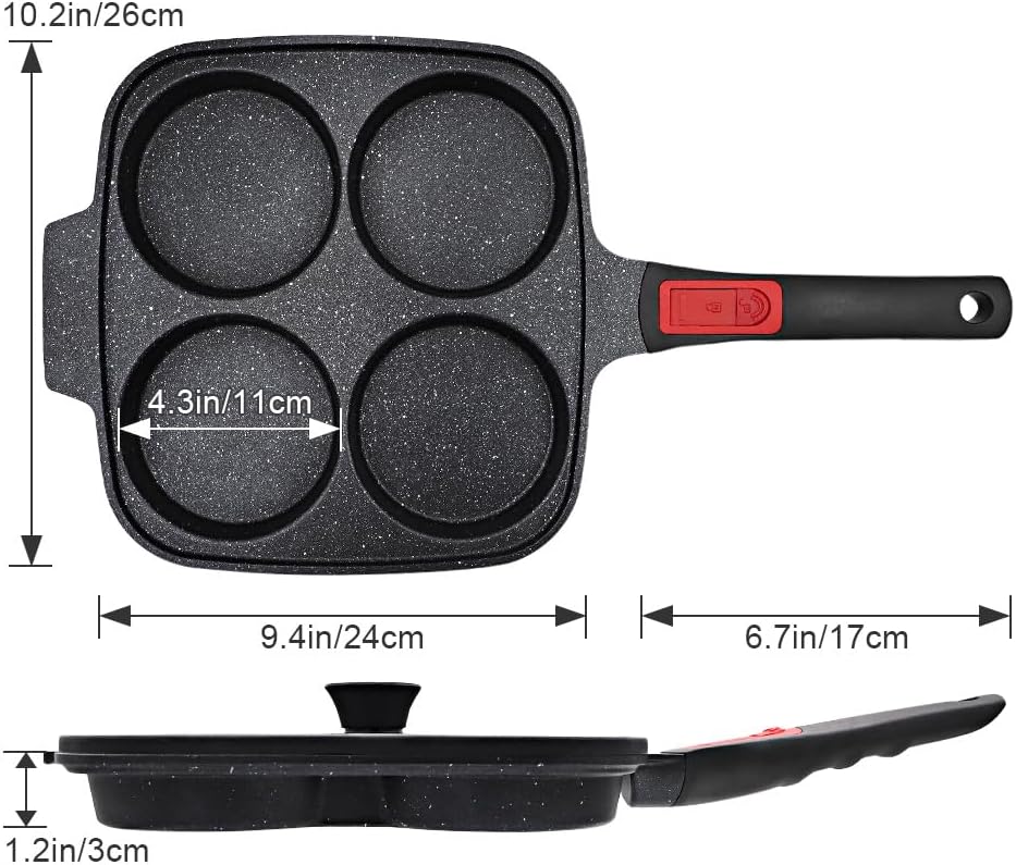10 inch Large Egg Pan with Lid, 4-Cup Pancake Pan Nonstick Omelette Skillet with Detachable Handle Induction Compatible - Black