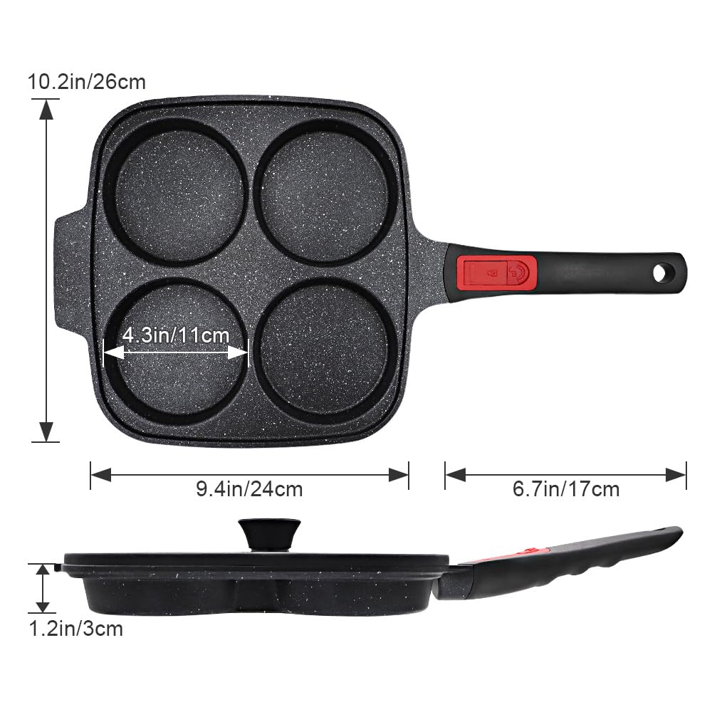 RANX INGST Padella Grande per Pancake 26 X 24 cm, Padella per Uova Fritte con Manico Rimovibile e Coperchio, Padella per Omelette 4 Fori Antiaderente