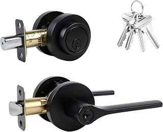 Exterior Door Knob with Deadbolt, Keyed Alike Front Door Handle and Deadbolt Set, Heavy Duty Roundness Door Knob with Deadbolt Locks for Exterior Doors, Matte Black Double Keyed Deadbolt Lock, 1 Pack