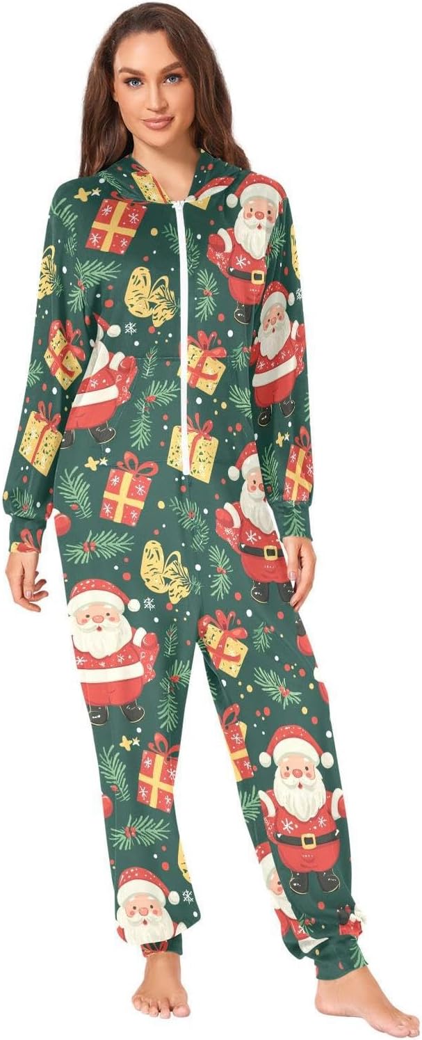 ZZKKO Santa Claus Gifts and Christmas Green Adult Onesie Pajamas for Women Men Cozy One Piece Pajamas Costume Zip-Up Hooded
