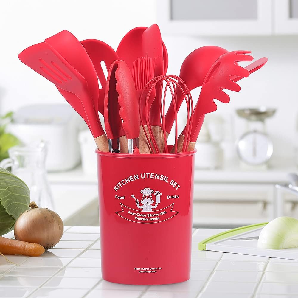 12 Pieces/Set Silicone Kitchen Accessories Cooking Tools | Great Quality Silicone Kitchenware Cocina Kitchen Utensils With Wooden Handles (Red)