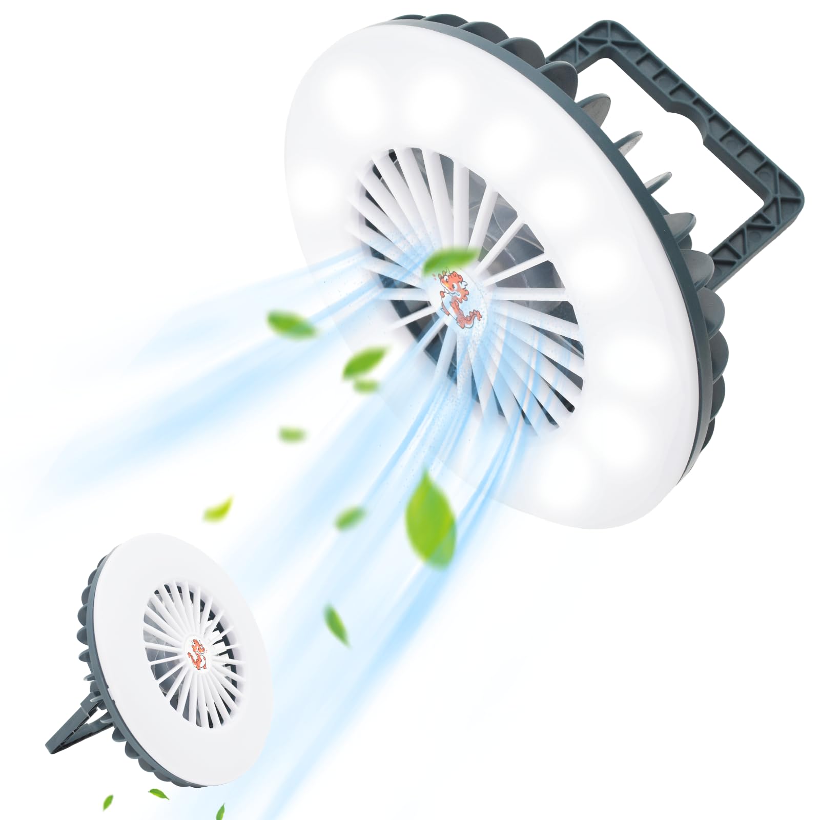 LED Campinglampe mit Ventilator USB Aufladbar, Zeltlampe Tragbar Campingleuchte con gancio e supporto, Notfallleuchte Camping Licht, Zeltventilator mit Aufhängehaken for Stromausfall, Angeln