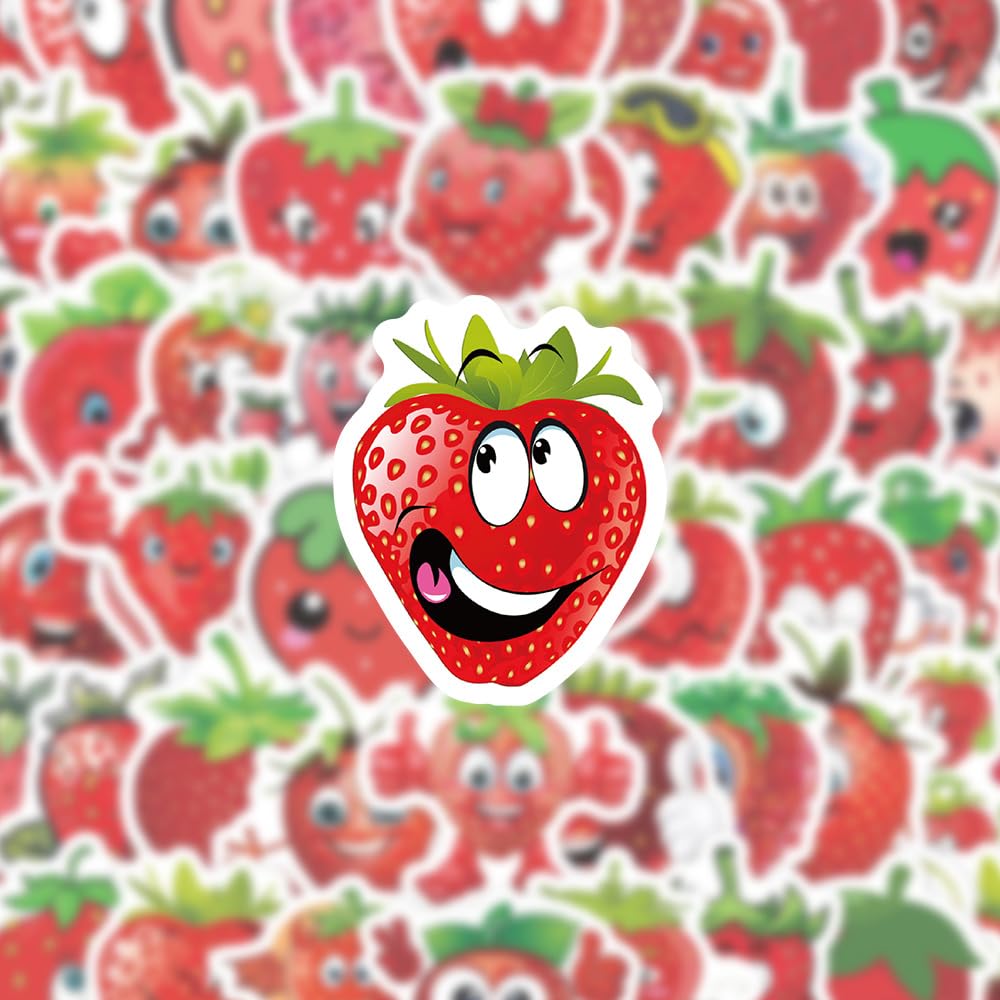 60Pcs Strawberry Stickers for Water Bottle Phone,Car,Notebook,Skateboard,Helmet,Laptop,Bike,Luggage,Children Girl Gift,Cute Red Fruit Waterproof Vinyl Sticker,Cartoon Strawberry Aesthetic Decal - Image 2