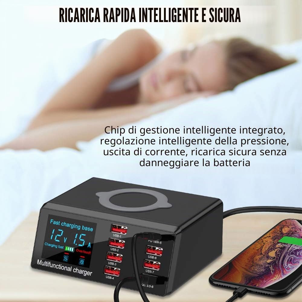 Caricatore Wireless Stazione Ricarica USB Multipla 100W 8 Porte Base di Ricarica LCD Schermo USB Docking Station con Una QC 3.0 e Un 18W PD Caricatore USB per iPhone iPad Samsung Huawei