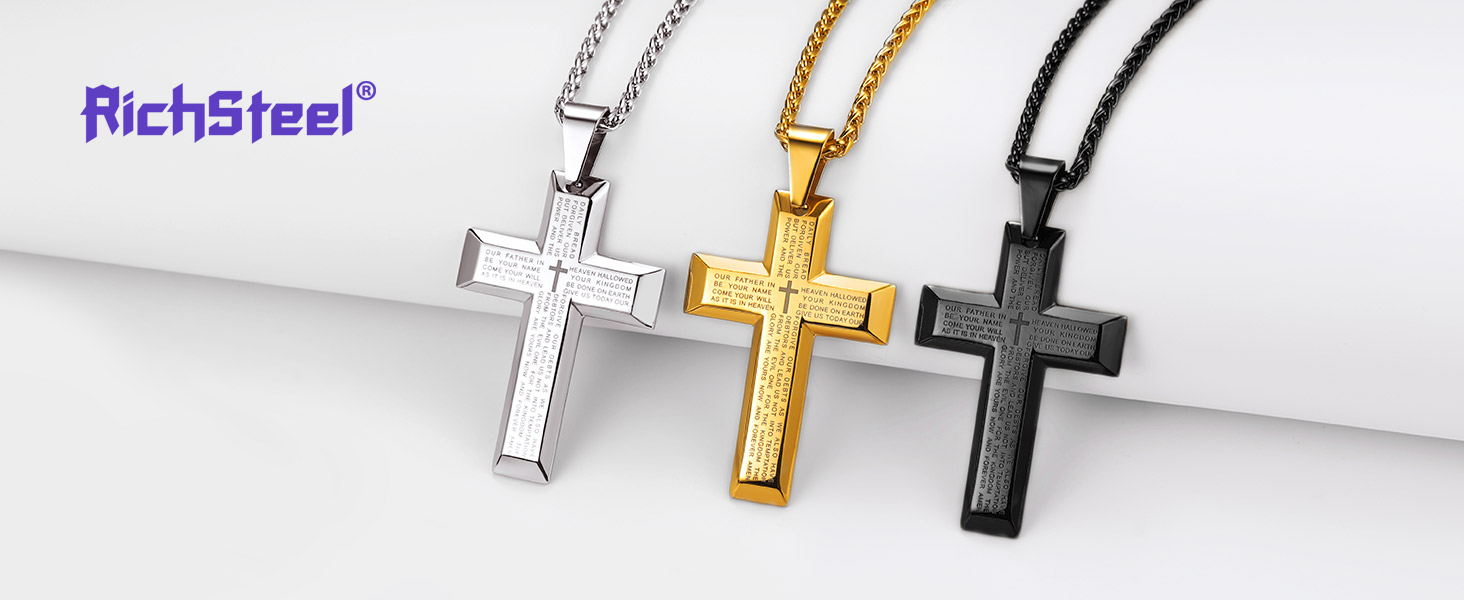 Richsteel Collana Uomo Con Ciondolo Croce Incisa – Acciaio Inossidabile 316L – Antiallergico – Catena Regolabile 55+5 Cm – Argento