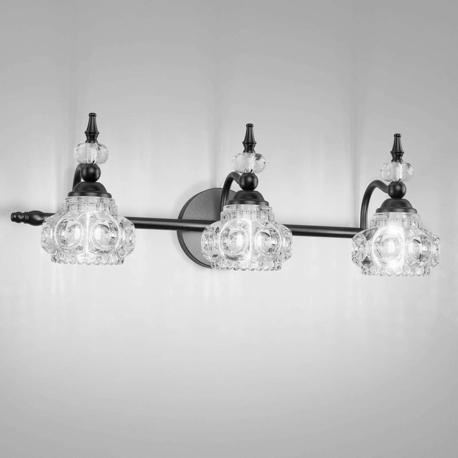 Tipace Black Vintage Crystal Bathroom Vanity Light Fixtures Over Mirror Glass Crystal 3 Lights Industrial Vanity Lights Farmhouse Bath Lighting(Exclude Bulb)