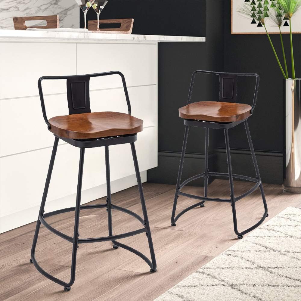 HAOBO Home Bar Stools Industrial Metal bar Stools Counter Height Stools Dining Chair Set of 2 (Low Back Swivel Black with Wood U4-M, 24")