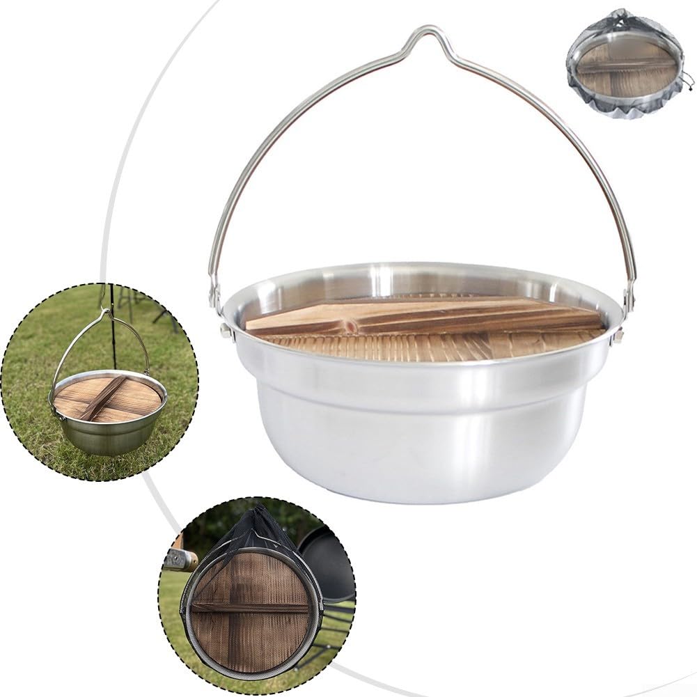 Pentole da campeggio all'aperto a 3 strati in acciaio inox con coperchio in legno di cedro per fornello a induzione da picnic falò