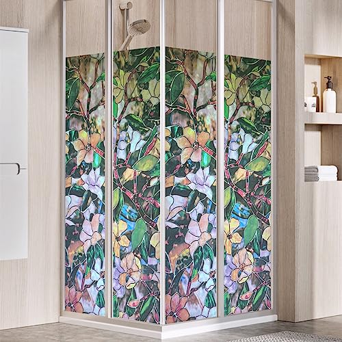 JOLIHOME Privacy Window Film Stained Glass Window Sticker No-Glue Frosted Vinyl Film Static Cling Film Rolls for Shower Bathroom Heat Control Colourful Orchids 44.5x200cm