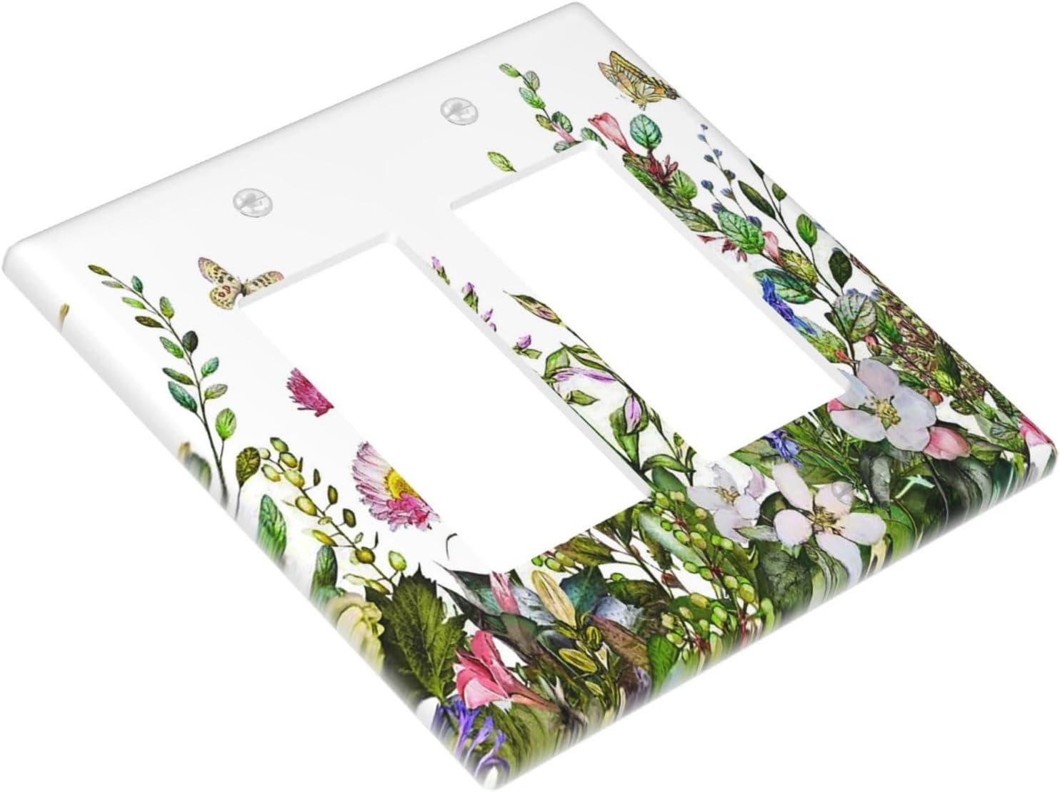 Wildflower Floral 2 Gang Light Switch Cover Green Leaf Rustic Decorative Wall Plate Double Rocker Colorful Flower Plant GFCI Electrical Switchplate Faceplate for Home Decor