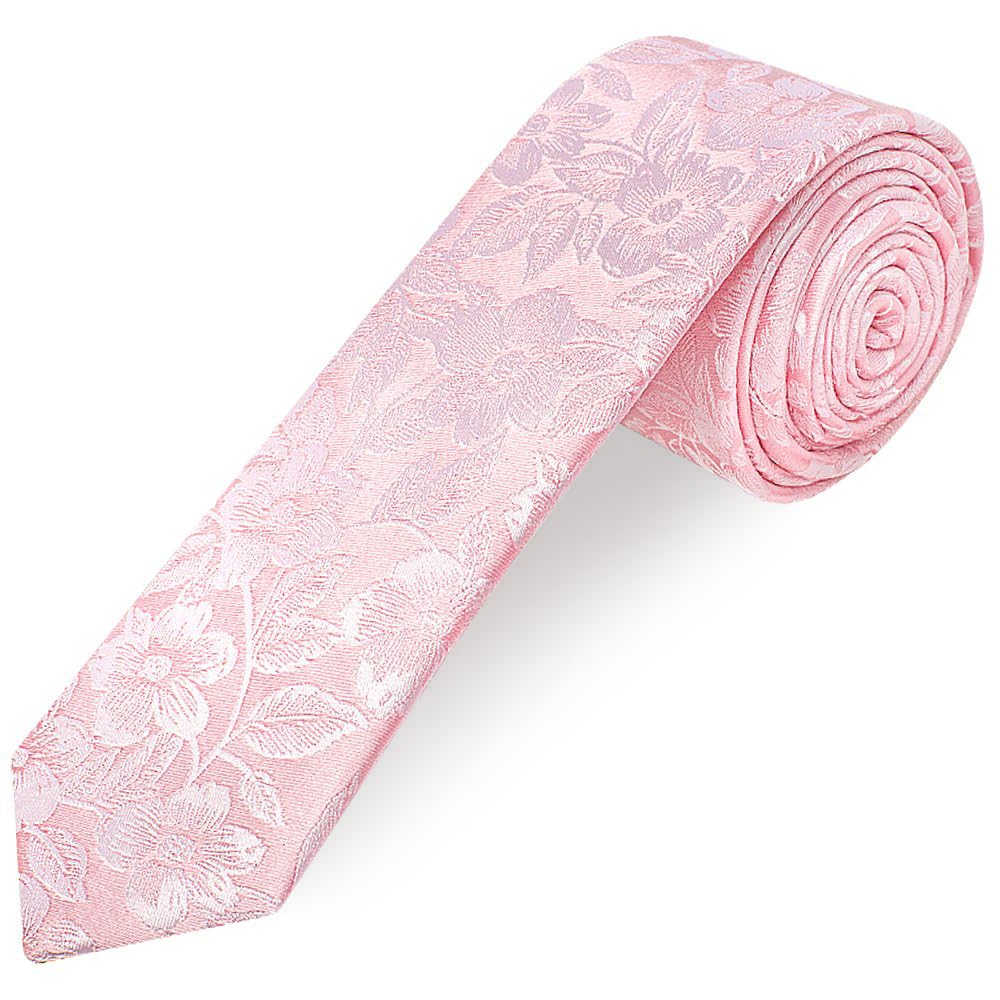 Ties R Us Men's Blush Pink Floral Silk Skinny Tie
