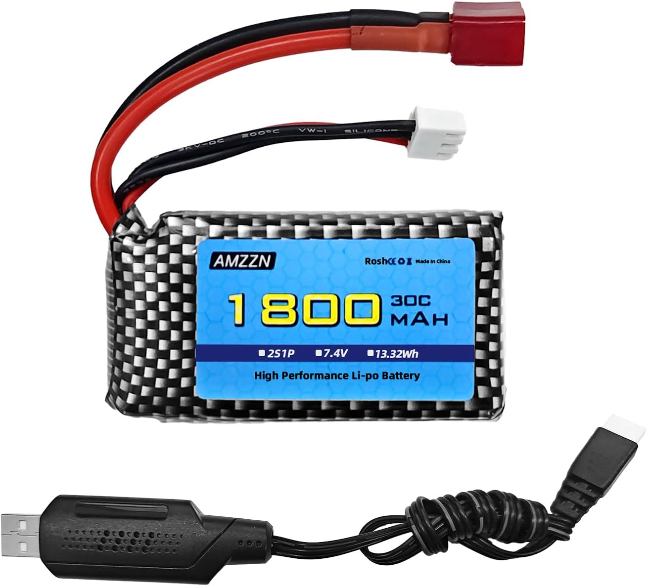 Amazon.com: AMZZN 7.4V 1800mAh 2S 30C T-Plug Lipo Battery with USB ...