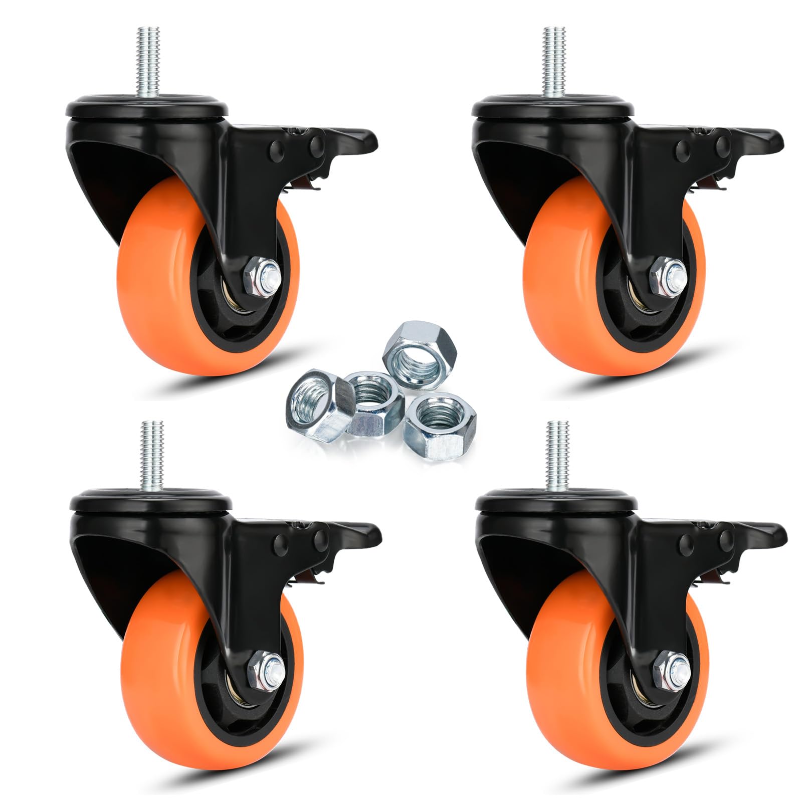 3 inch Threaded Stem Casters Set of 4 Heavy Duty 1000Lbs 3/8''-16x1'' Castor Wheels Dual Locking Industrial Caster Swivel Caster with Brakes Safety