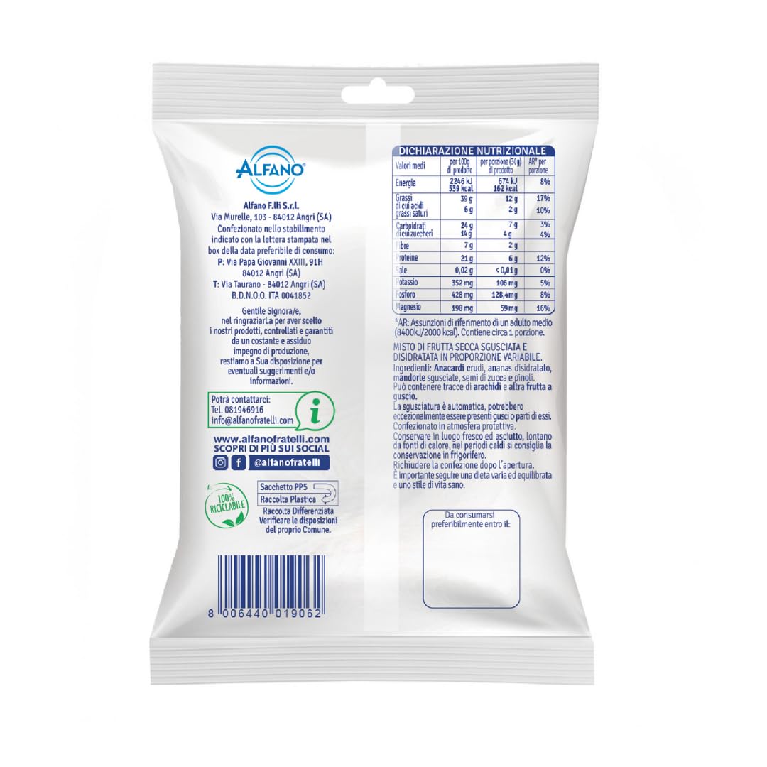Alfano dal 1940 Mix Protein Snack & Go 20 Pacchetti Monoporzione da 25g Frutta Secca Anacardi Naturali, Ananas Disidratato, Mandorle Sgusciate, Pinoli e Semi di Zucca