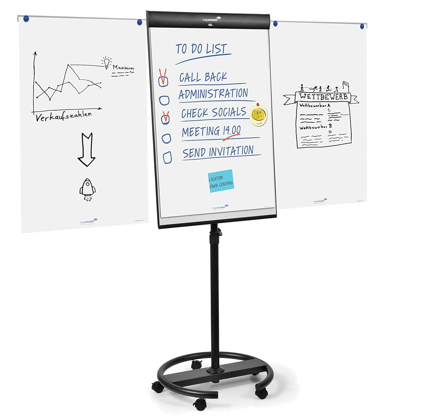 Legamaster 7-153600 Universal Flipchart Triangle Rundfuß, schwarz & Landre Flipchart Papier, kariert, 20 Blatt je Block, 5er Pack