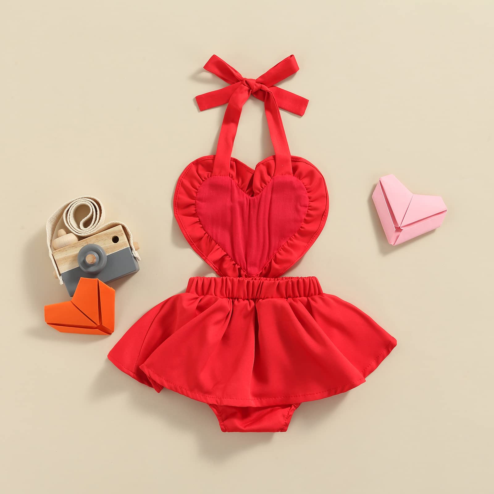 FIOMVA Newborn Baby Girl Valentine's Day Romper Dress Sleeveless Backless Heart Print Sequin Onesie Tutu Skirt Sundress (Red Heart Red Dress,12-18 Months)