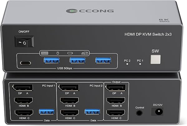 Conmutador KVM HDMI Displayport 8K@60Hz para 3 monitores y 2 computadoras | Aluminio 4K@144Hz con 4 puertos USB 3.0 para compartir tres monitores con 2 cables USB/adaptador de corriente/controlador