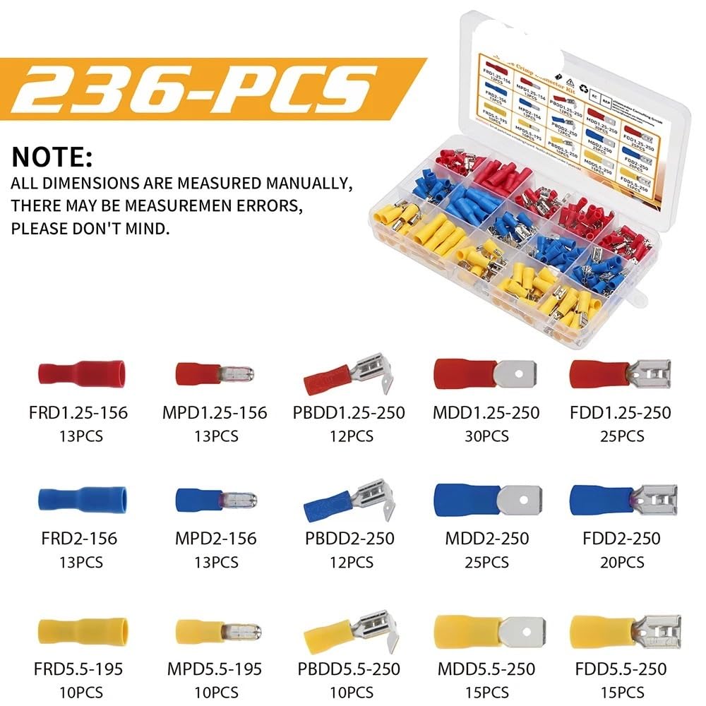 236PCS Insulated Wire Electrical Connectors Butt Ring Spade Fast Disconnect Crimp Terminals Connectors Assortment Kit