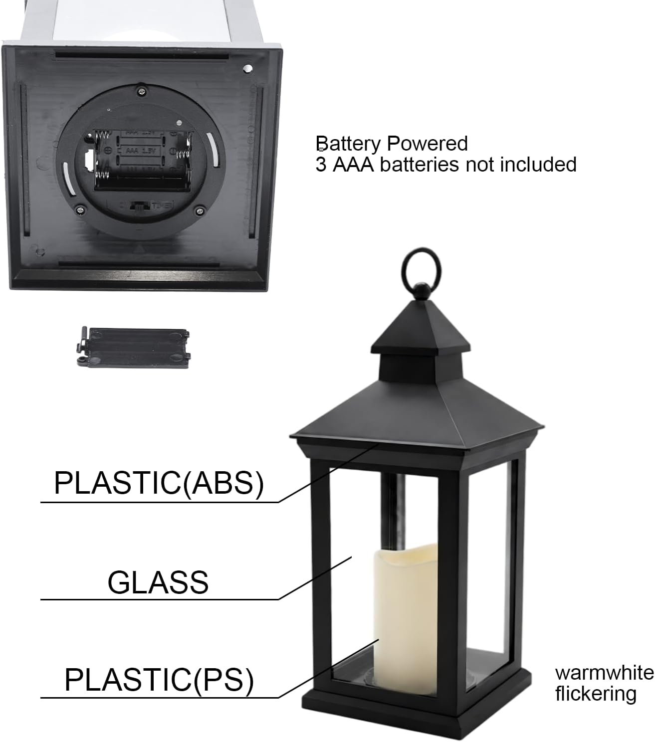 2 Pack 14in Black Decorative Lanterns, Flickering Candle, 8H Timer
