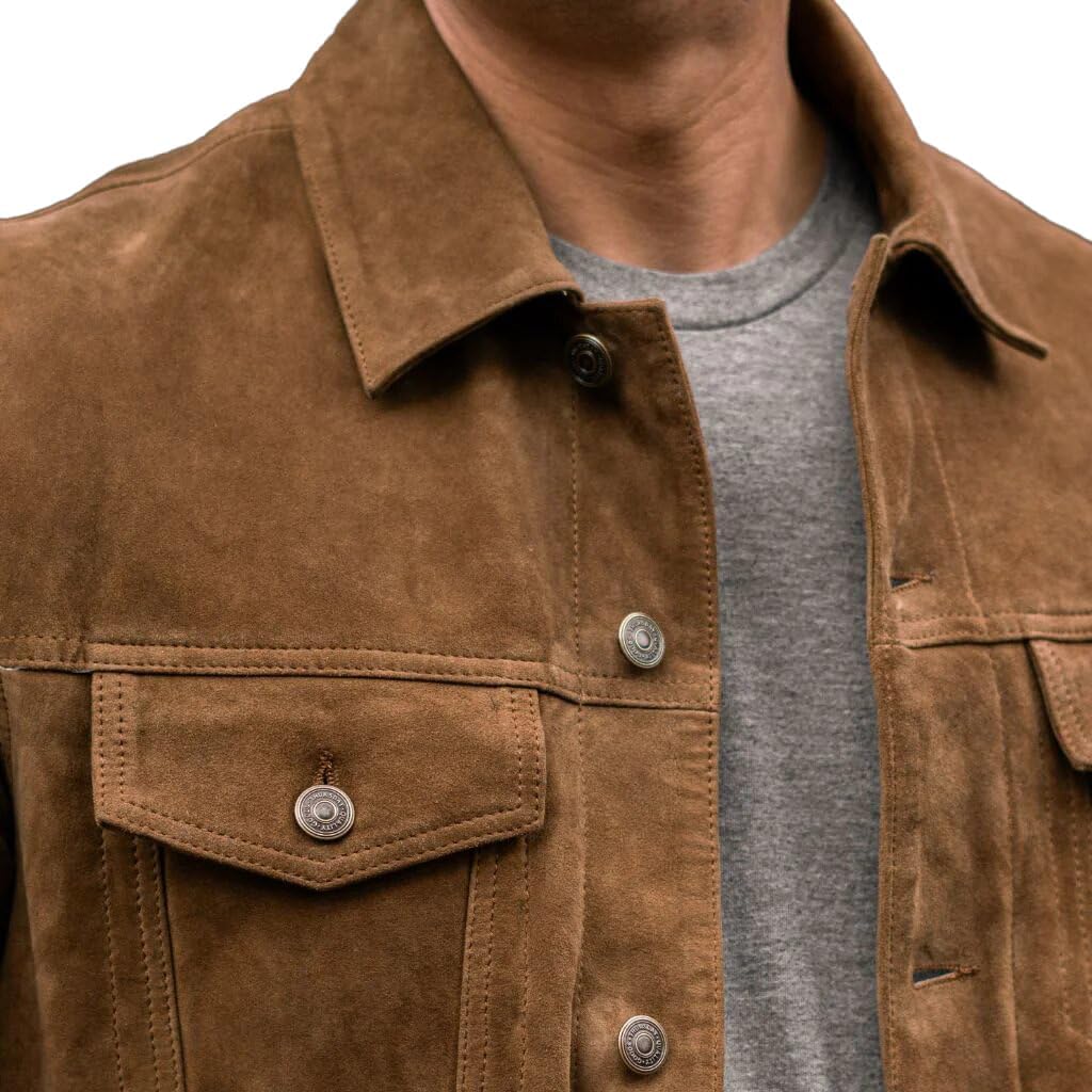 Isaac & David Chicago Men's Vintage Trucker Suede Leather Jacket - Denim Biker Cafe Racer Causal Western Cowboy Jacket - Image 7